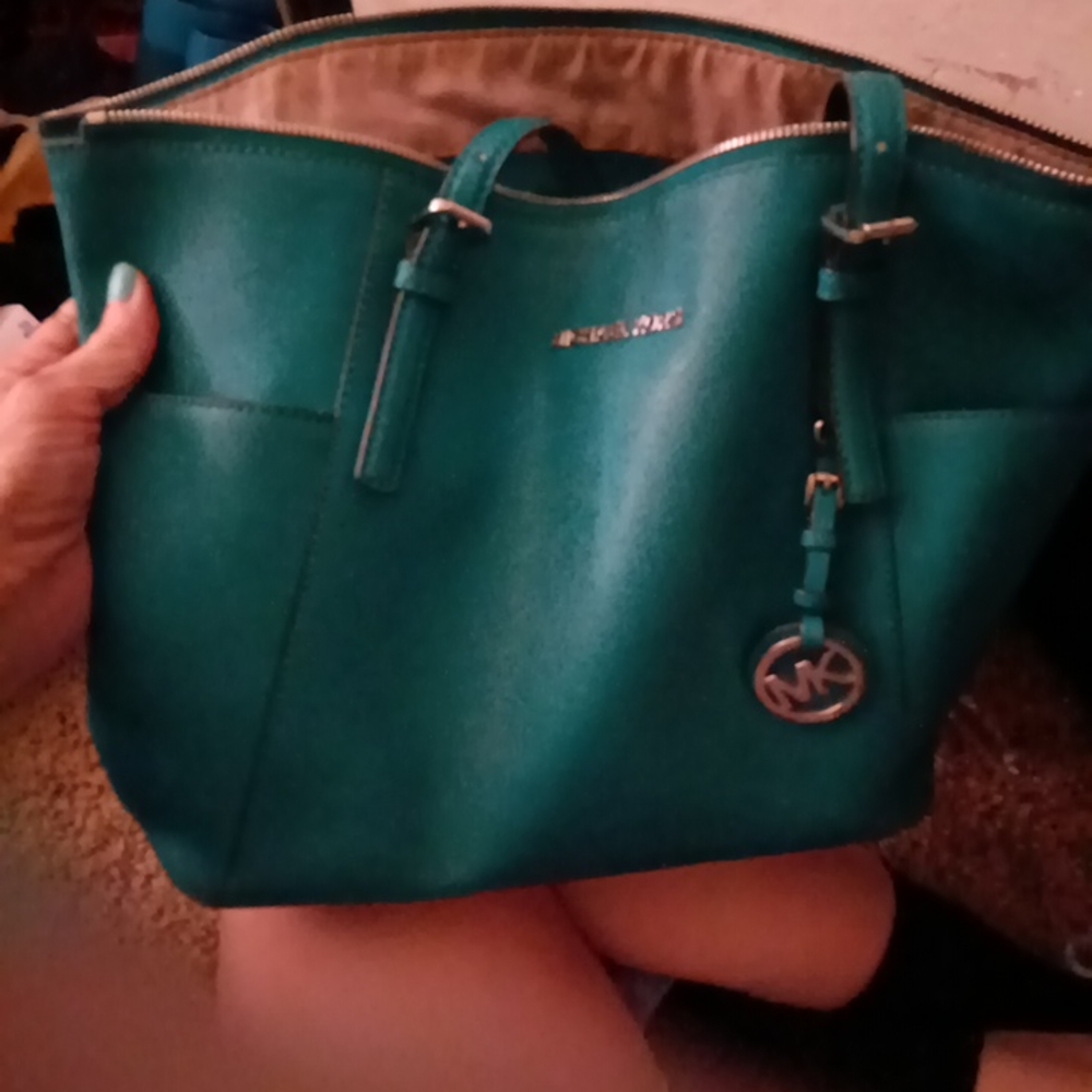 Michael Kors Blue Leather Tote with Silver Accents
